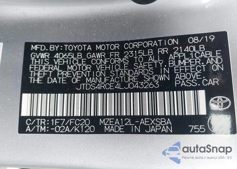 2020 Toyota Corolla Se z USA, uszkodzony, nr VIN JTDS4RCE4LJ043263